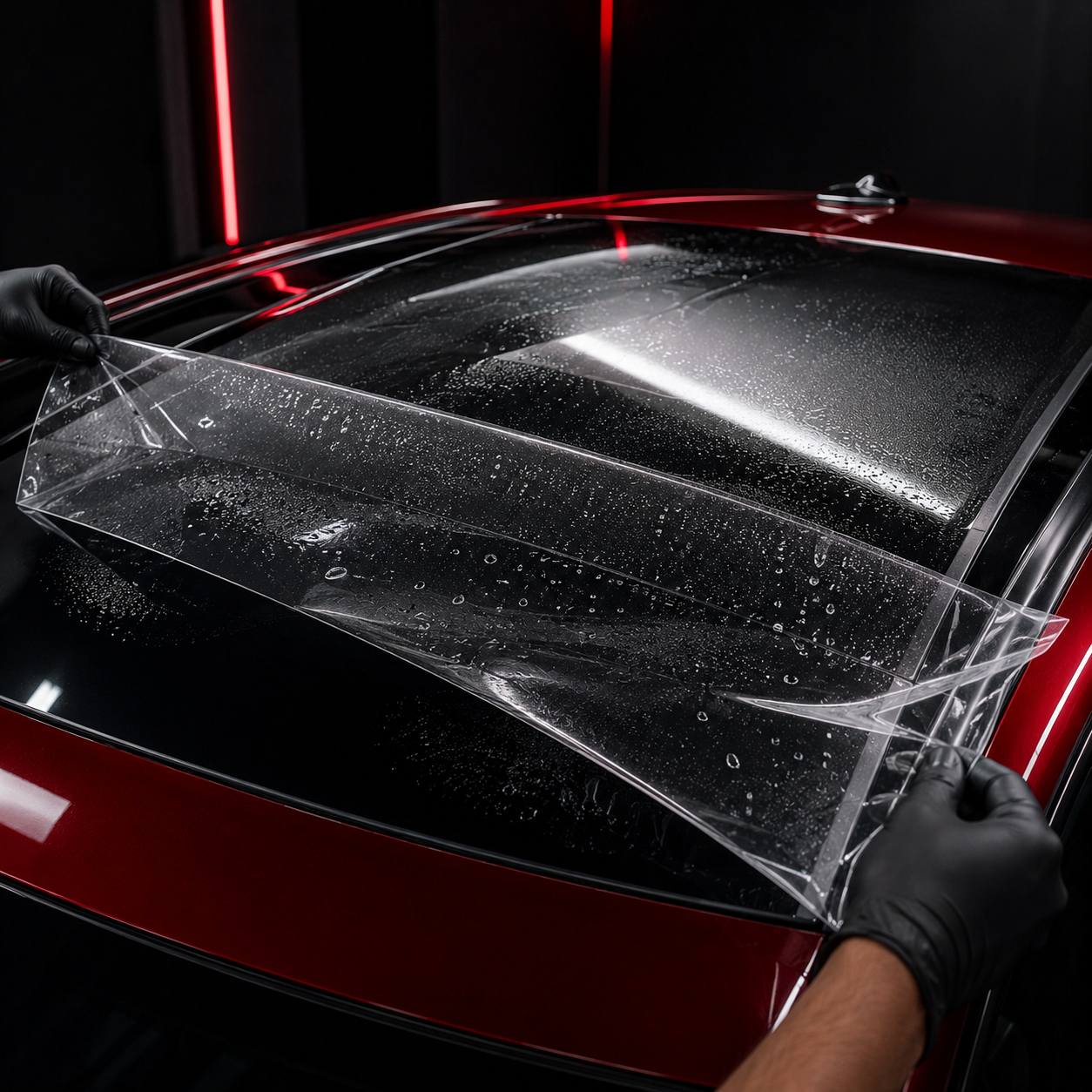 Protective film being applied to sunroof glass