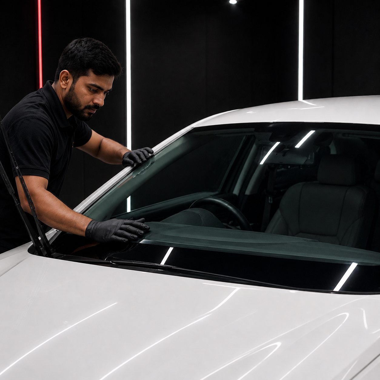 Finished windshield protection film installation
