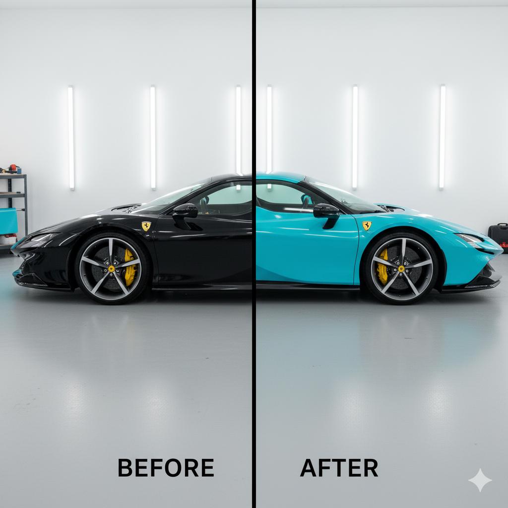 Before and after vehicle colour wrap transformation